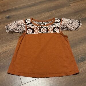 Anthropologie Terracotta Lace Blouse Small Boho Crochet Sleeve Top Festival